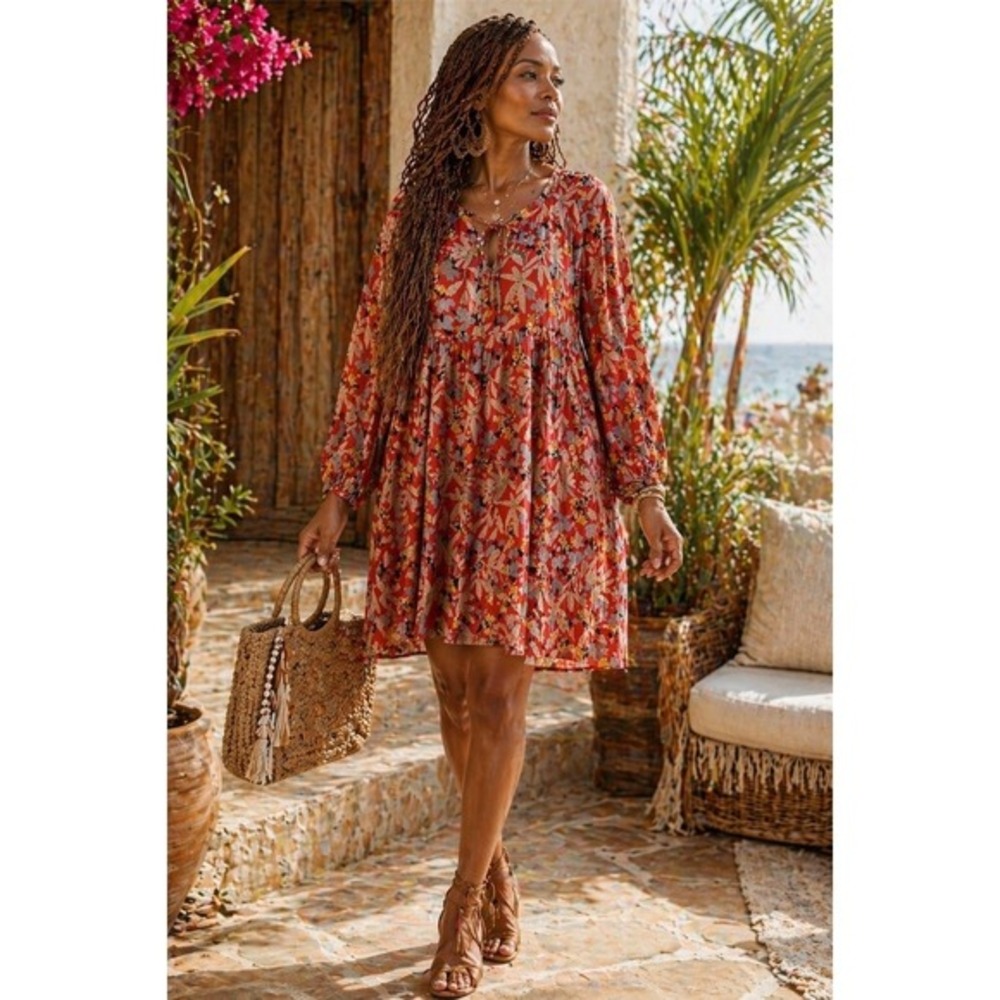 Entro Orange Floral Babydoll Mini Dress Long Balloon Sleeve Boho Women‎ Size M